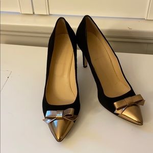 J. Crew black velvet pumps with gold cap toes